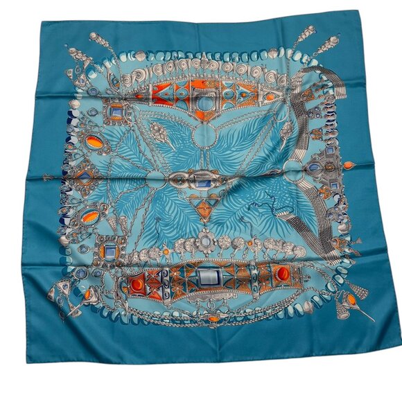HERMES Carre 90 Silk Scarf Terres Precieuses Blue 90x88cm - EUC